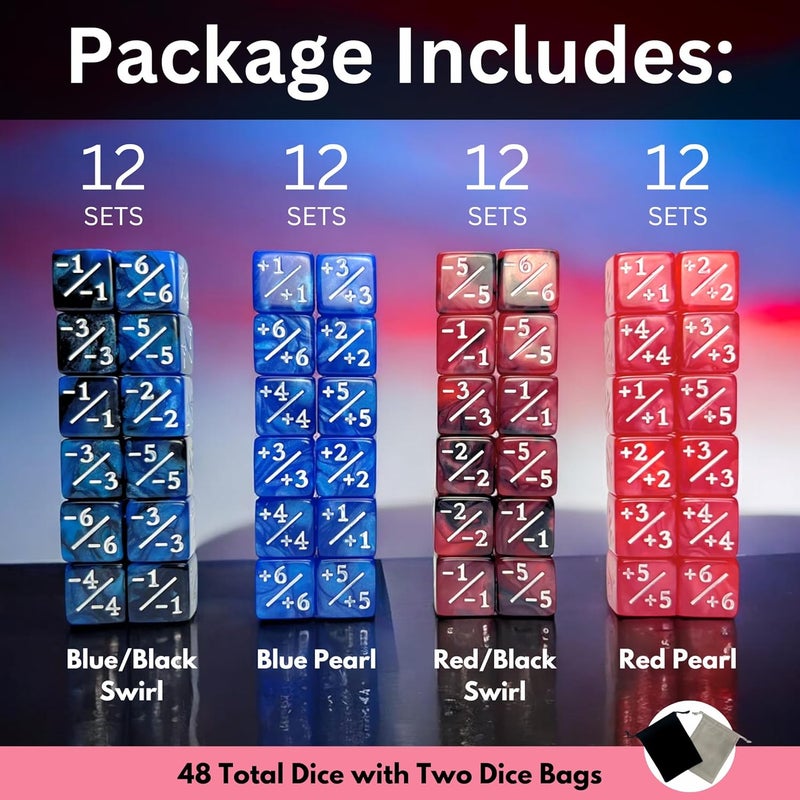 Luck Lab MTG Magic Life Counter Dice, 48 PCS - Compatible w/Magic Card Game Accessories, CCG Creature Stats w/ 2 Dice Bags (Blue Pearl, Blue Swirl, Red Pearl, Red Swirl) - Image 2